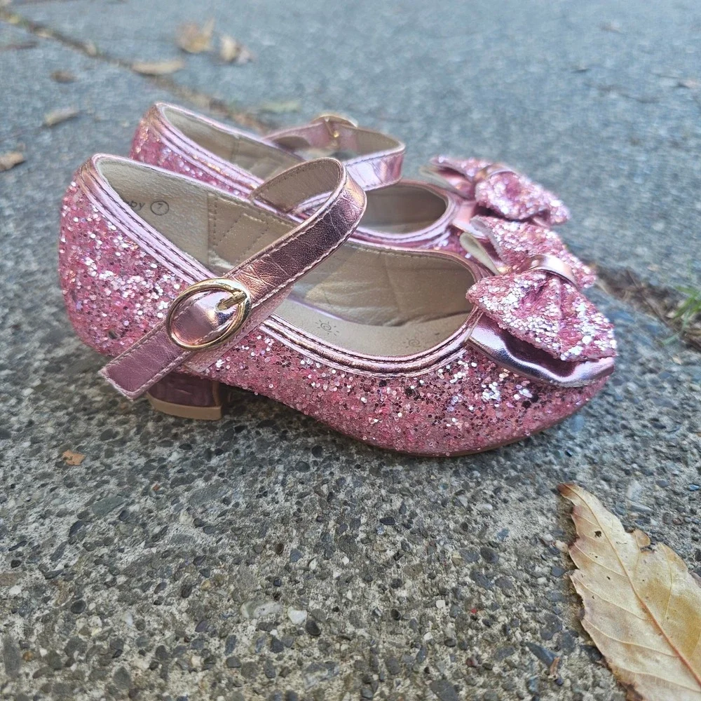 Pandanija Kids Girls Sparkly Pink Glitter Bow Mary Jane‎ Shoes Size 7